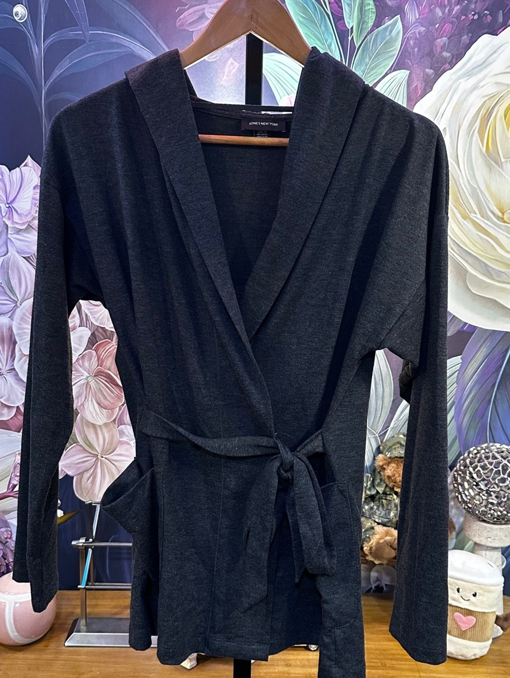 Jones New York S Stretch Faux Wrap Cardigan Hoodie Minimalist Quiet Luxury